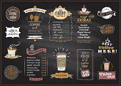 Chalkboard coffee and desserts menu list designs set for cafe or restaurant. Best coffee, good morning, welcome, take out concepts collection, copy space for text, hand drawn illustration