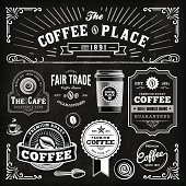 A collection of coffee-themed, chalkboard design elements. EPS 10 file, with transparencies (overall layer effects only), layered & grouped.