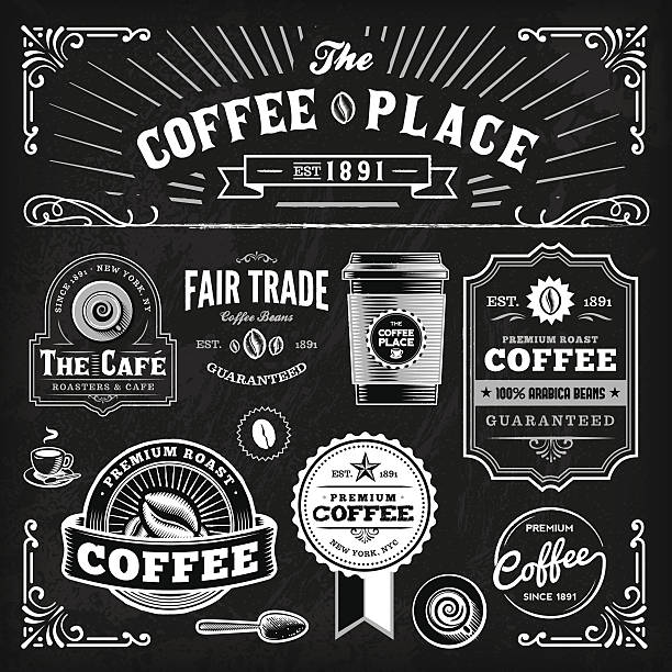 칠판 커피 라벨 설정 - 만연체 일러스트 stock illustrations