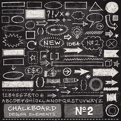 Hand drawn arrows,frames,speech bubbles,alphabet and other design elements on chalkboard texture. EPS 10 file with transparencies.File is layered with global colors.Texture can be removed.More works like this linked below.