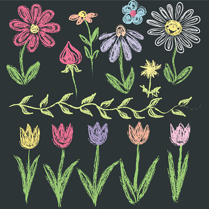 Chalkboard doodle flowers in various colors.