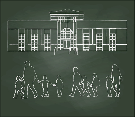 Chalkboard Elementary School Families Vector Illustration