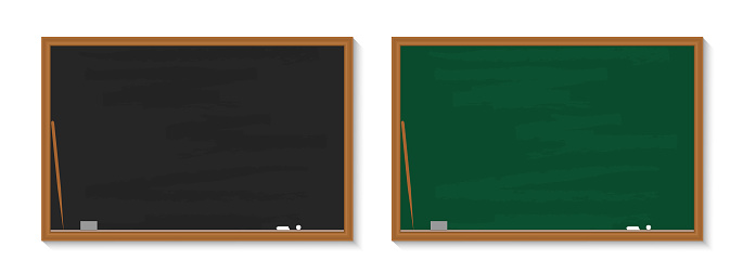 Chalkboard in school. Blackboard with chalk in classroom. Wood black, green boards in class for education. Background, banner for teacher, university, restaurant. Texture, frame for learning. Vector