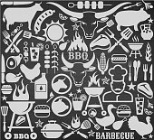 Chalkboard llustrations and icons with barbecue symbols.  The barbecue illustrations are done in white on black chalkboard background.  The acronym "BBQ" and the work barbecue is also included. Images included in the symbols include a longhorn, barbecue grill, pig, a cow, a grill,chef,  grilling tools like a spatula and spit, and flames.