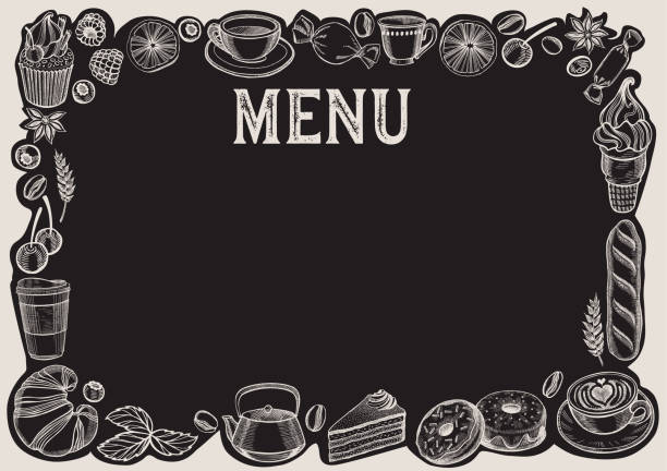 illustrazioni stock, clip art, cartoni animati e icone di tendenza di modello di menu alla lavagna per ristorante. sfondo illustrazione vettoriale per caffè di cibi e bevande. layout di design con scritte vintage e cornice di ingredienti disegnati a mano. - tovaglietta