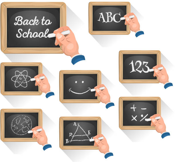 Chalkboard Signs For School Reentry Vector illustration of a set of cartoon school chalkboard signs, with teacher's hand drawing concept and topics, for science, happy re-entry, or game ui pedagogics on tablet pc. File is EPS10 and uses multiply transparency. Vector eps and high resolution jpeg files included reentry stock illustrations