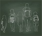 A chalk outline vector silhouette illustration of a mother walking her children to school including a young boy and three young girls.