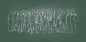 Vector illustration of a green chalkboard with a large crowd of people outlined in white chalk.