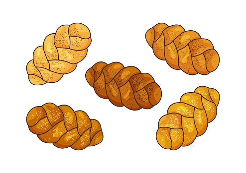 Challah vector set. Holiday jewish braided loaf icons, cartoon shabbat bread. Food illustration