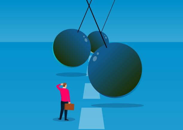 Challenges, adventures and opportunities, the swinging ball of iron chains hinders the way forward for businessmen  adversity stock illustrations