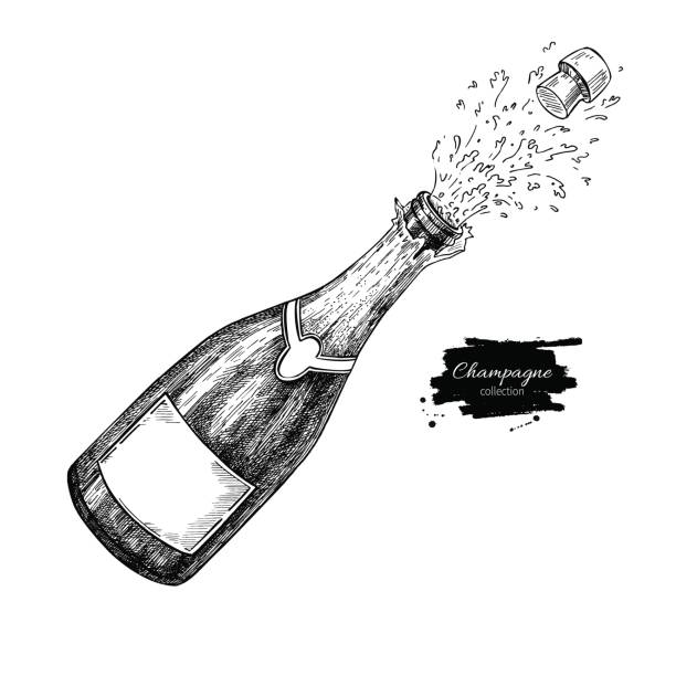 Champagne bottle explosion. Hand drawn isolated vector illustration. Alcohol drink Champagne bottle explosion. Hand drawn isolated vector illustration. Alcohol drink splash with bublles Vintage sketch. Beverage drawing for bar and restaurant menu, poster, banner. Celebration concept champagne drawings stock illustrations