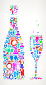Champagne Bottle & Glass Wedding Love and Marriage. The main object of this royalty free illustration is the composed of colorful vector icon pattern. These color wedding and love icons vary in size and form a seamless composition. The icons are white in color. This illustration is conceptual and ideal for love, wedding, marriage and relationship graphics. Each icon can be used independently from the background set.