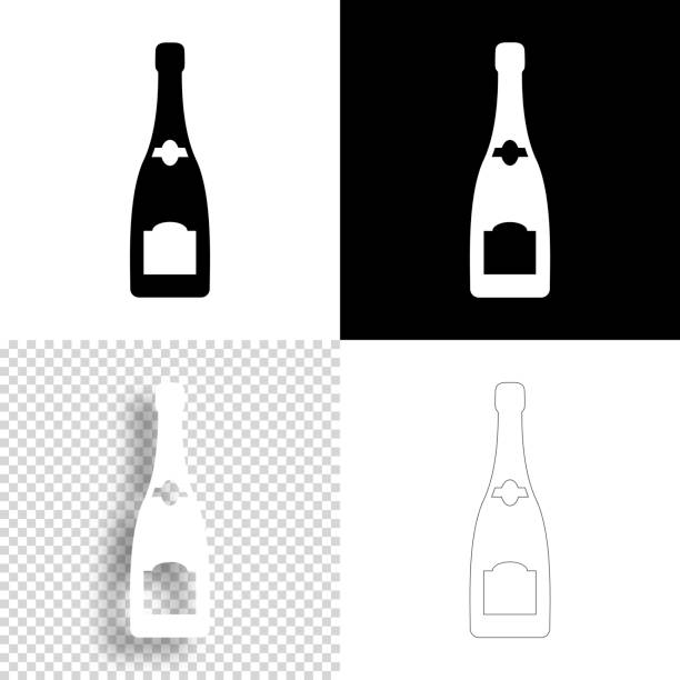 Champagne bottle. Icon for design. Blank, white and black backgrounds - Line icon Icon of "Champagne bottle" for your own design. Four icons with editable stroke included in the bundle: - One black icon on a white background. - One blank icon on a black background. - One white icon with shadow on a blank background (for easy change background or texture). - One line icon with only a thin black outline (in a line art style). The layers are named to facilitate your customization. Vector Illustration (EPS10, well layered and grouped). Easy to edit, manipulate, resize or colorize. And Jpeg file of different sizes. champagne clipart stock illustrations