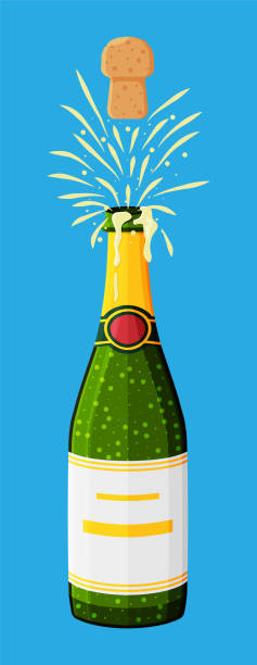 Champagne bottle opening with pop and cork flying. Champagne bottle opening with pop and cork flying. Champagne explosion, bottle pop and fizz. Concept of drinking party, birthday, wedding, christmas, new year celebration. Flat vector illustration happy birthday wine bottle stock illustrations