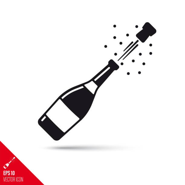 Champagne bottle popping open vector glyph icon. Success concept. Champhane bottle popping open, cork flying away, glyph icon. Success, wealth and new years eve celebration symbol vector illustration. champagne icons stock illustrations