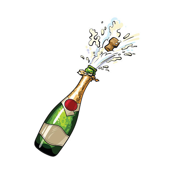 Champagne bottle with cork popping out Champagne bottle with cork popping out, sketch style vector illustration isolated on white background. Diagonal view of hand drawn champagne bottle with cork jumping out with explosion champagne drawings stock illustrations