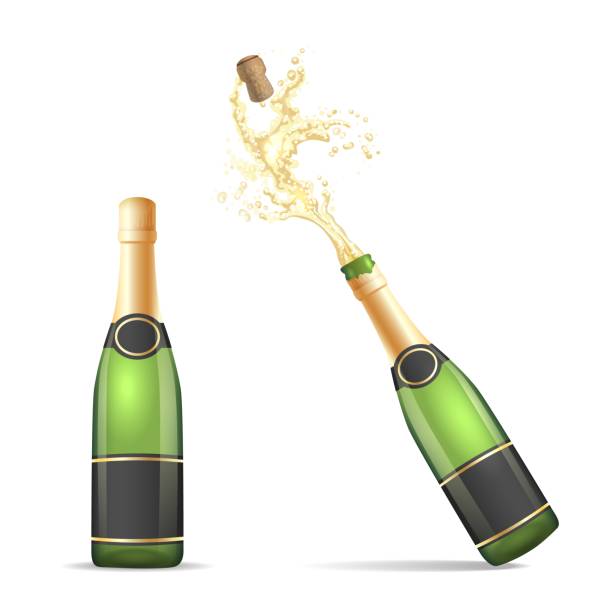 Champagne bottle with popping cork Champagne bottle isolated. Vector bottles of champagne, closed and with popping cork splash isolated on white background champagne silhouettes stock illustrations