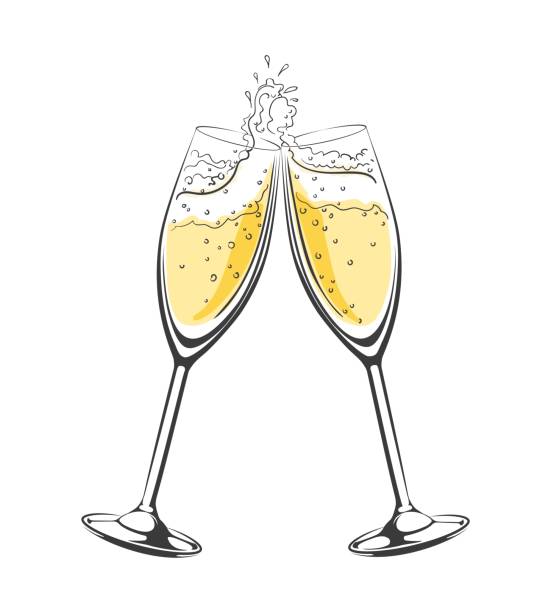 Champagne cheers sketch Champagne cheers. Vector hand drawn champagne glasses in toast, luxury cheersing sketch icon, romantic or celebration drink champagne icons stock illustrations