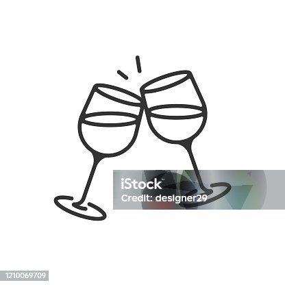 istock Champagne Glasses and Cheers Icon. Celebration, Holidays Outline Vector Design on White Background. 1210069709