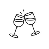 istock Champagne Glasses and Cheers Icon. Celebration, Holidays Outline Vector Design on White Background. 1210069709