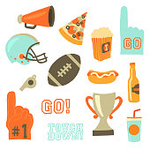 championship game party vector icon set. Sport games celebration icons. American football vintage retro style. Helmet, award, cup, trophy, pizza slice, football, popcorn, beer bottle, megaphone, foam hand
