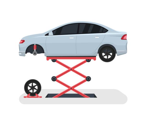 ilustrações de stock, clip art, desenhos animados e ícones de change a wheel on a car. tyre repair with lift. vector illustration. - car garage