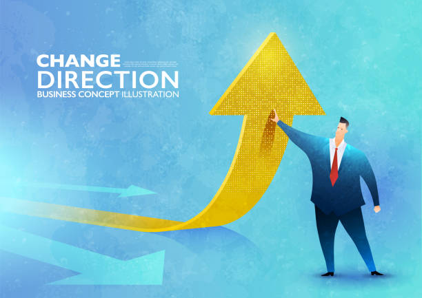 Change of a direction concept. Businessman standing to change the arrow sign's direction upward. Business vector illustration. Business inspirational concept art. Conceptual vector illustration for design use. Business vector illustration. leadership backgrounds stock illustrations