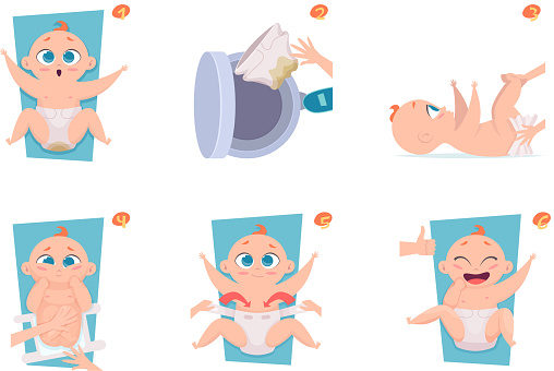 Changing diapers steps. Healthcare medical announce pictures to parents baby care vector illustration