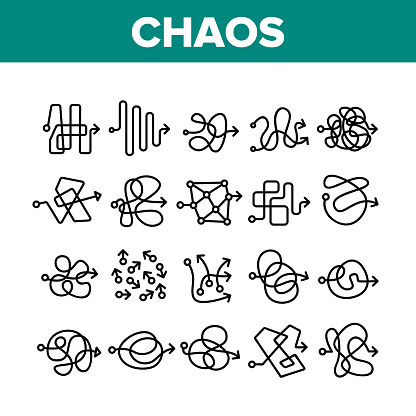Chaos Arrow Movement Collection Icons Set Vector. Confused Complicated Way As Chaos Or Problem, Chaotic Direction, Negative Space Concept Linear Pictograms. Monochrome Contour Illustrations