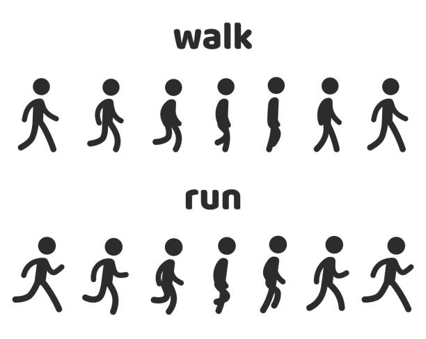 Character animation walk and run cycle Simple stick figure walk and run cycle animation, 6 frame loop. Character sprite sheet vector illustration set. running symbols stock illustrations