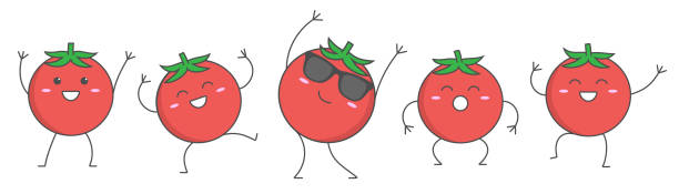 Character cartoon dancing tomatoes happy emotions set icon logo vector illustration. Character cartoon dancing tomatoes happy emotions set icon logo vector illustration. tomato cartoon stock illustrations