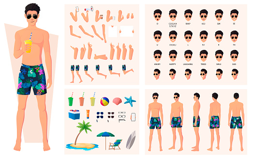 Character Constructor with Man Wearing Swim Trunks and Sun Glasses on Beach. Lip sync, hand Gestures, Emotions and Picnic Items Vector File