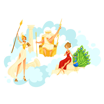 Character greek male female sitting sky kingdom, cloudy heaven place isolated on white, cartoon vector illustration. Zeus Hera with peacock, Artemis.