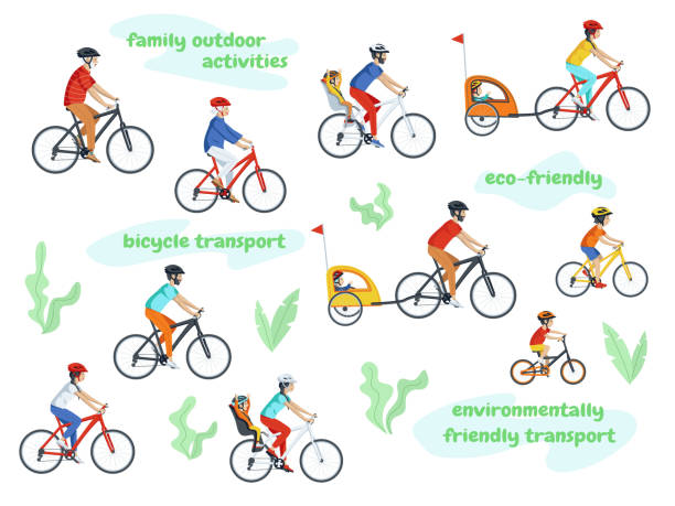 Character set. Men, women and children of different ages ride bicycles in helmets. Character set. Men, women and children of different ages ride bicycles in helmets. Parents ride bicycles with their children in a bicycle seat. Aged people on a bike ride. Family Outdoor Activities cycling stock illustrations