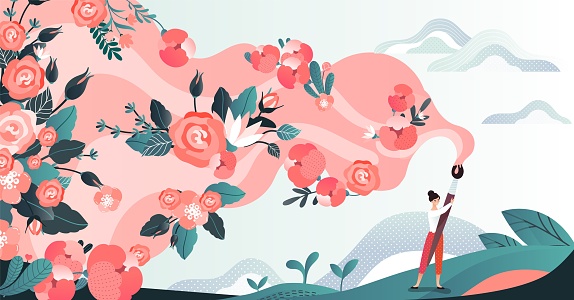 Character woman in field draw flower by brush, red blossom paint by female artist in grass place, flat vector illustration.