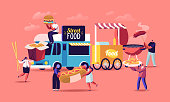 Characters Buying Street Food Concept. Tiny People with Huge Fastfood Burger, Hot Dog with Mustard, Wok Noodles Eating Junk Grilled Meals from Food Truck and Bbq. Cartoon People Vector Illustration