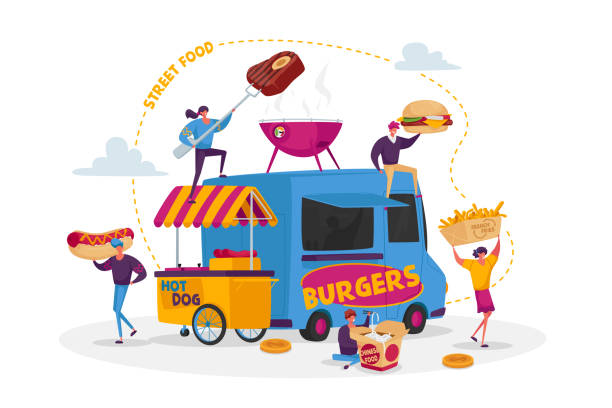 illustrations, cliparts, dessins animés et icônes de personnages achetant le concept de nourriture de rue. personnes minuscules avec le hamburger énorme de fast-food, hot dog avec la moutarde, repas de jonque de nouilles - eating burger