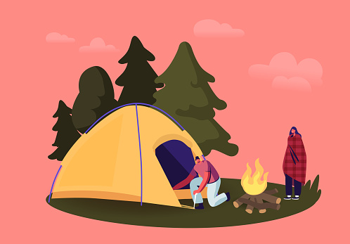 Characters Camping. Young Man Hummer Sticks to Ground to Set Up Tent for Spending Time at Summer Camp in Forest