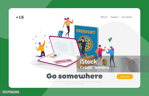 istock Characters Get Approved Visa Landing Page Template. Tourists Making Document for Leaving Country and Travel Abroad 1257016205