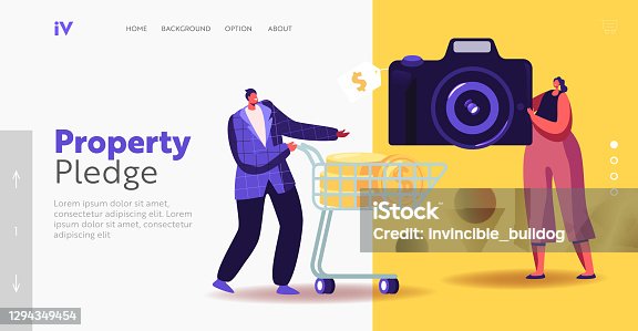 istock Characters in Pawn Shop Landing Page Template. Tiny Man with Golden Coins in Shopping Trolley Buying Photo Camera 1294349454
