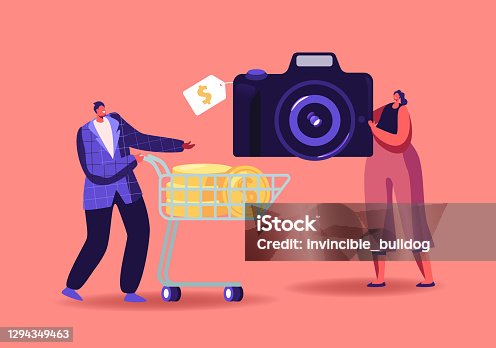 istock Characters in Pawn Shop. Tiny Man with Golden Coins in Shopping Trolley Buying Photo Camera in Pawnshop 1294349463