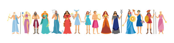 Characters of Greek pantheon goddess and gods flat vector illustration isolated. Cartoon female and male characters of Greek Olympian pantheon goddess and gods of classical Greek Mythology, flat vector illustration isolated on white background. ares god of war stock illustrations