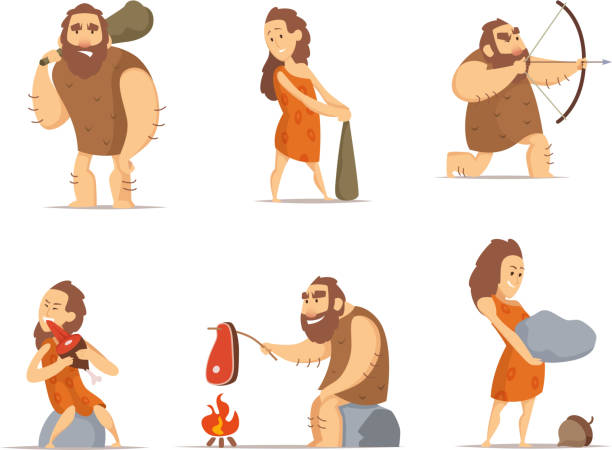 ilustrações de stock, clip art, desenhos animados e ícones de characters of male and female. primitive cave people from prehistoric period - fire caveman