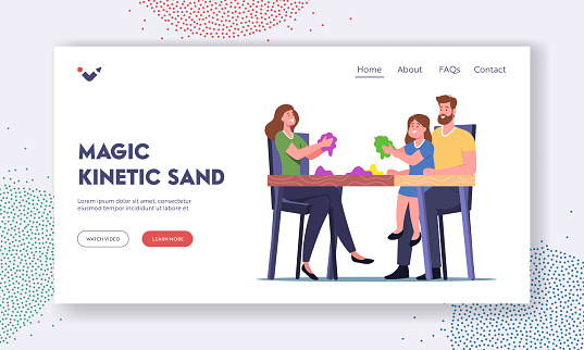 Characters Playing with Kinetic Magic Sand Landing Page Template. Mother, Father and Little Daughter Sitting at Desk