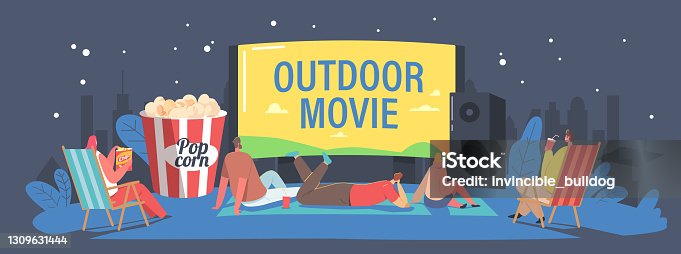 istock Characters Spend Night with Friends at Outdoor Movie Theater. People Watching Film on Big Screen with Sound System. 1309631444