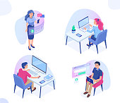 People work with different gadgets. Can use for web banner, infographics, hero images. Flat isometric vector illustration isolated on white background.