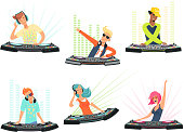 DJ characters. Vector illustrations of music cartoon mascots. Dj with headphone on club party