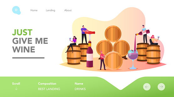 Characters Wine Degustation in Vault Landing Page Template. Tiny People Hold Wineglasses Tasting Alcohol Drink