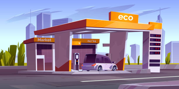Charger station for electric car with market Charger station for electric car with market and prices display. Vector cartoon cityscape with station, cable with plug for charging vehicle battery. Concept of eco fuel, green energy for transport garage backgrounds stock illustrations