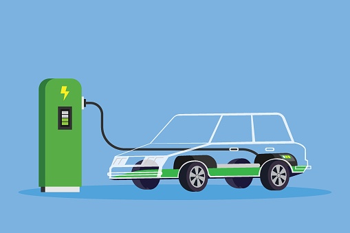 Charging electric car 2d vector illustration concept for banner, website, illustration, landing page, flyer, etc.
